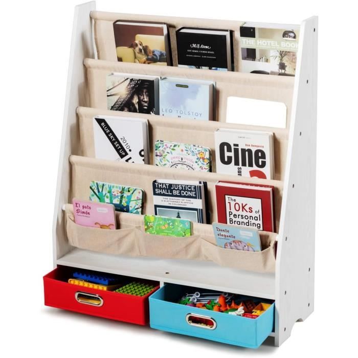 COSTWAY Bibliothèque pour Enfant Étagère de Rangement pour Livres avec 4 Etagères à Bandoulière et 2 Boîtes pour Jouets