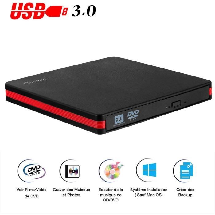 Lecteur DVD Externe, Cocopa USB 3.0 Graveur CD DVD Externe Enregistreur Portable DVD CD Rom +/-RW Mince Player Transmission Rapide C
