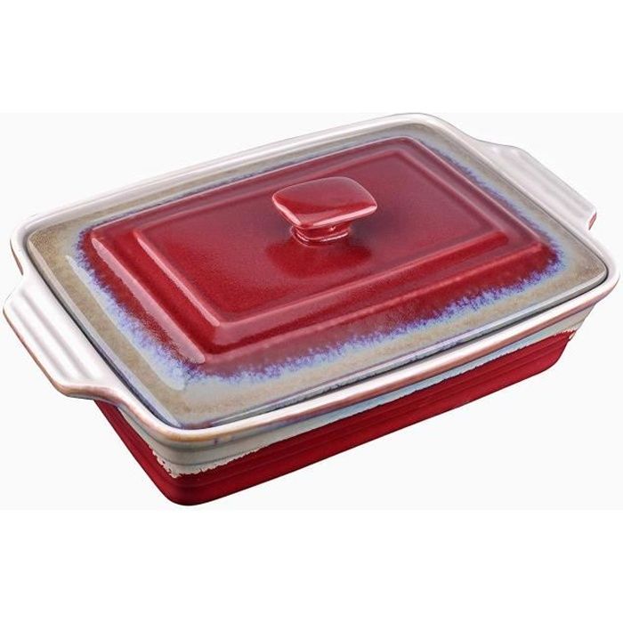 LOVECASA Plat rectangulaire Peu Profond en grès avec couvercles, Four à Table, Lasagne/Tarte/cocotte/Tapas/Plat de Cuisson (38,5 x 2