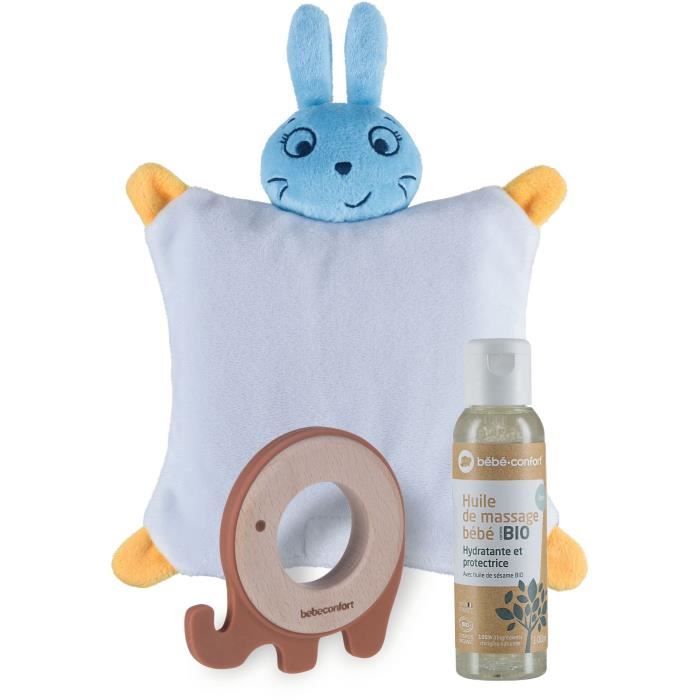 BEBECONFORT Coffret bien-être: doudou bouillotte + huile de massage pour bébé+ anneau de dentition bois & silicone