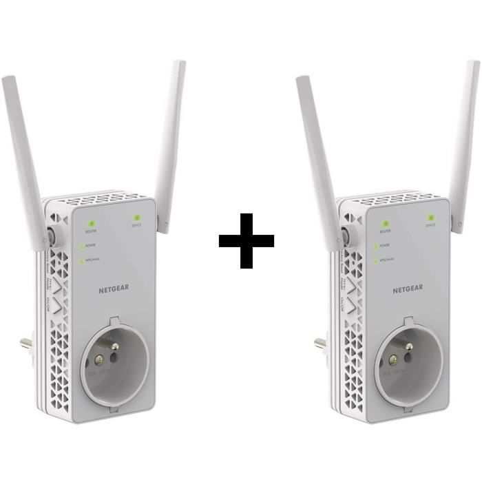 Pack de 2 : Répéteur WiFi Puissant - NETGEAR - AC1200 (EX6130) - Jusqu'à 90m² et 20 appareils - Prise Courant Intégrée - Toutes Box