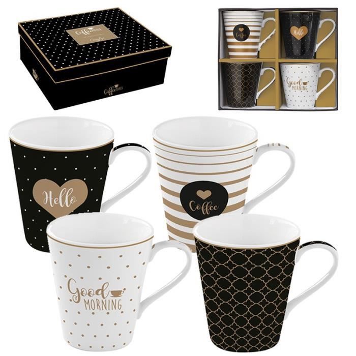 EasyLife - Coffret 4 Mugs en Porcelaine FINE COFFEE MANIA GOOD MORNING