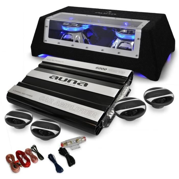 Electronic-star Set sono pour voiture : Système 4.1 avec ampli , caisson de basses avec 2 subwoofers de 12- & kit éclaté d'enceintes