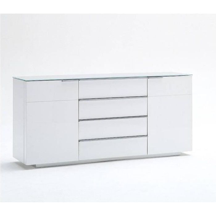 Buffet CAMBRIDGE blanc laqué brillant plateau en verre blanc blanc Inside75