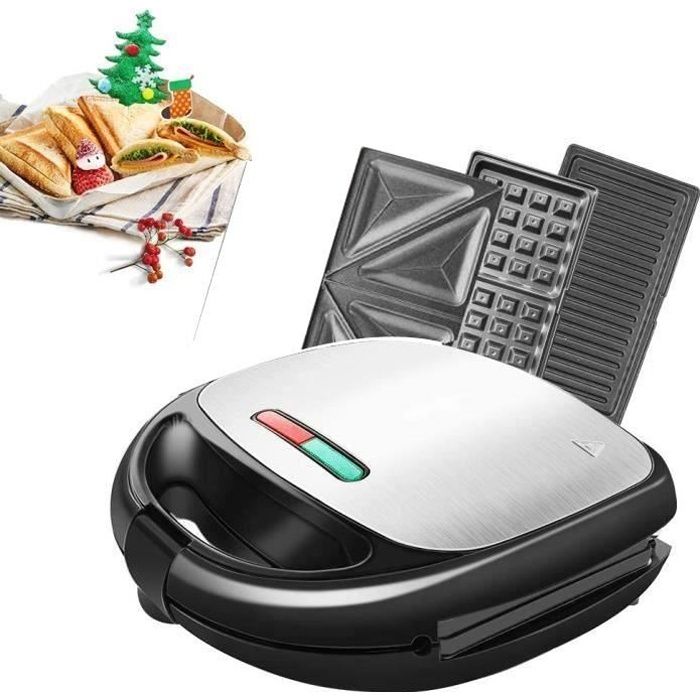 Machine à Sandwich 3 en 1 Machine à Gaufres 850W avec 4 Plaques Antiadhésives et Détachables Thermostat Automatique Gauffre pour Sa