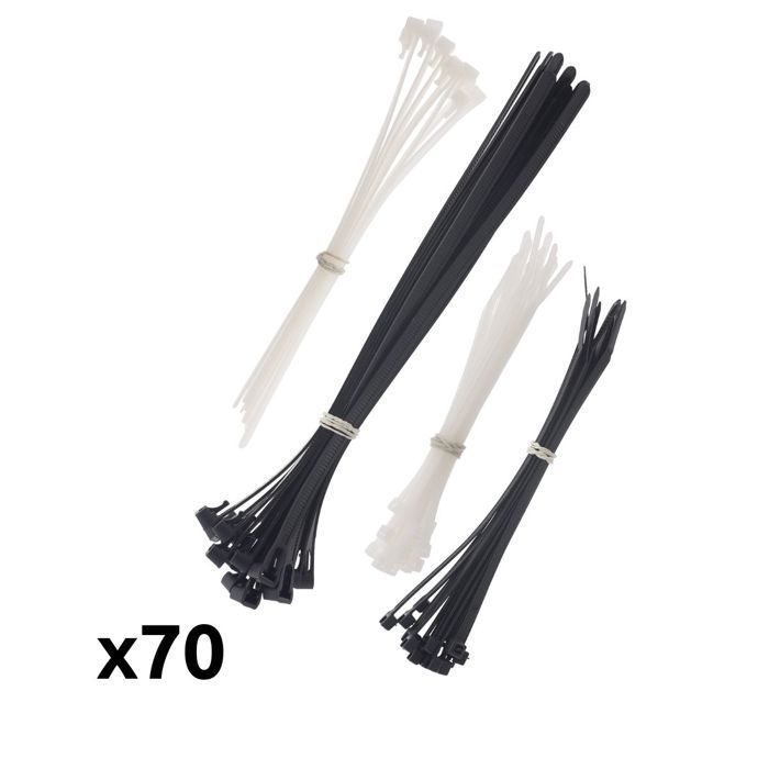Lot de 70 colliers réutilisables 20x 3,6x140 blanc + 20x 4,8x200 noir + 15x 200x7,6 blanc + 15x 250x7,6 noir