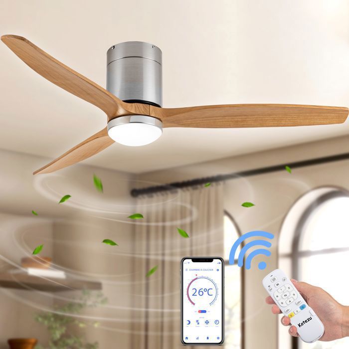 Ventilateur Plafond avec Lumière LED à Intensité Variable 132 cm Télécommande / Mode Hiver Été / Silencieux / Moteur CC 30W/Bois - Kotezu