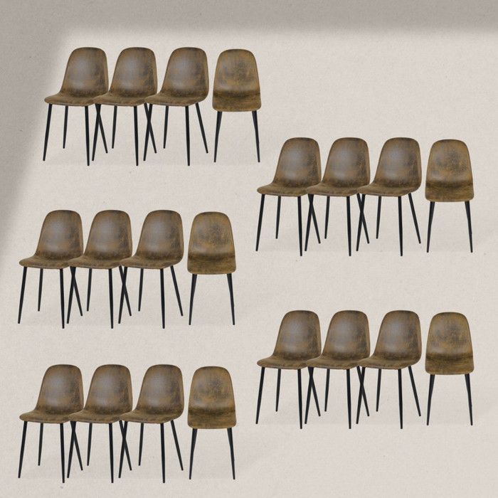 furniturer lot de 20 chaises de salle à manger en simili suede scandinave vintage rétro pour cuisine, salle à manger, salon, marron