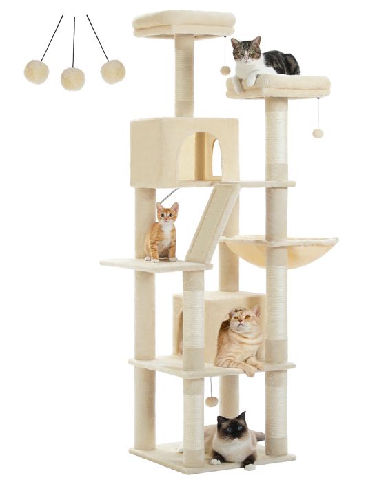 Comparer les prix de PAWZ Road Grand Arbre à Chat Multi-Niveaux avec 6 Poteaux à Griffer, 2 Griffoirs, 2 Niches, 2 Pompons & 1 Hamac, 180cm Beige