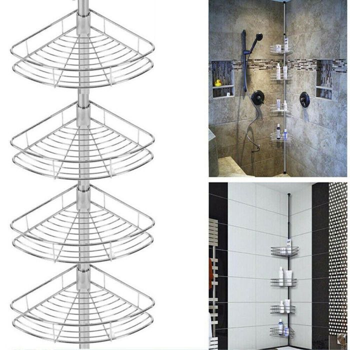 Étagère Douche sans Perçage à 4 Niveaux Salle de bain et cuisine rangement Acier Inoxydable Hauteur Réglable