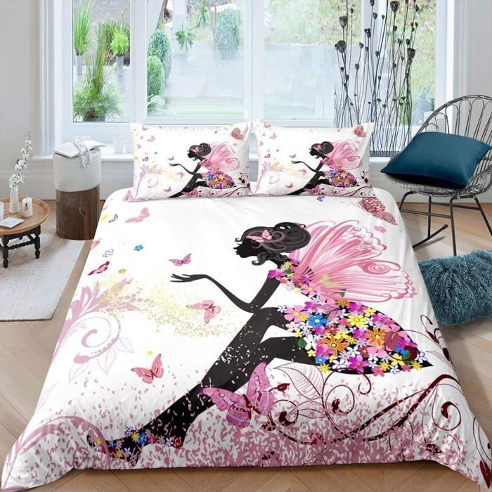 Filles Papillon Fée Housse de Couette pour Chambre Enfant Lit denfant Mignon Floral Rose Fleur Papillon Parure de lit Enfant