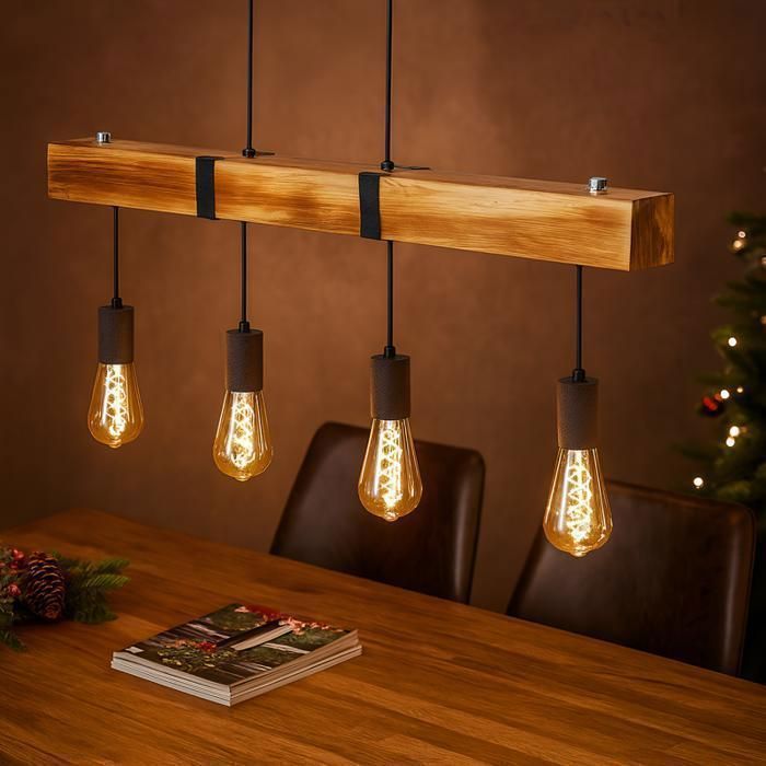 Suspension en Bois de Style Vintage NETTLIFE - 4×E27 Hauteur réglable 80 cm pour Salle à manger Salon(ampoules non incluses)