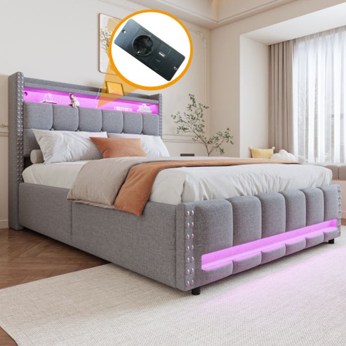 Lit Coffre Adulte 140X200 cm avec Éclairage LED et Prise USB Lit Double Capitonné avec Étagères et Rangements Tissu Lin Gris Clair