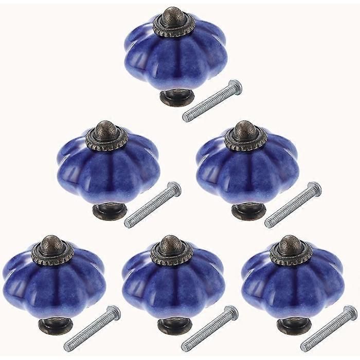 Lot de 6 boutons de meuble en céramique style antique en forme de citrouille bleu