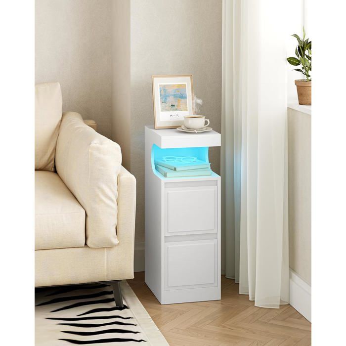 Table de Chevet avec Bande LED Tables dAppoint avec 2 Tiroirs Table de Nuit avec Compartiment Ouvert 30 x 24 x 65 cm Blanc