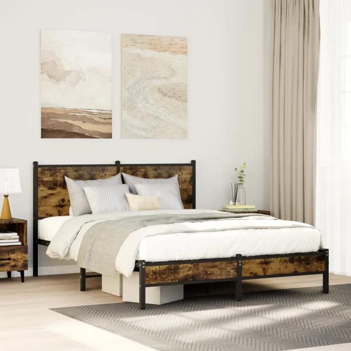 BONNIE®Lit en bois Lit double:140x190 cm Cadre de lit en métal sans matelas chêne fumé neuf78666