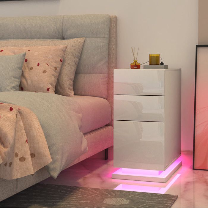 Lot De 2 Tables De Chevet LED Avec Tiroir - Blanche Haute Brillance 16 Couleurs 40x35x58cm