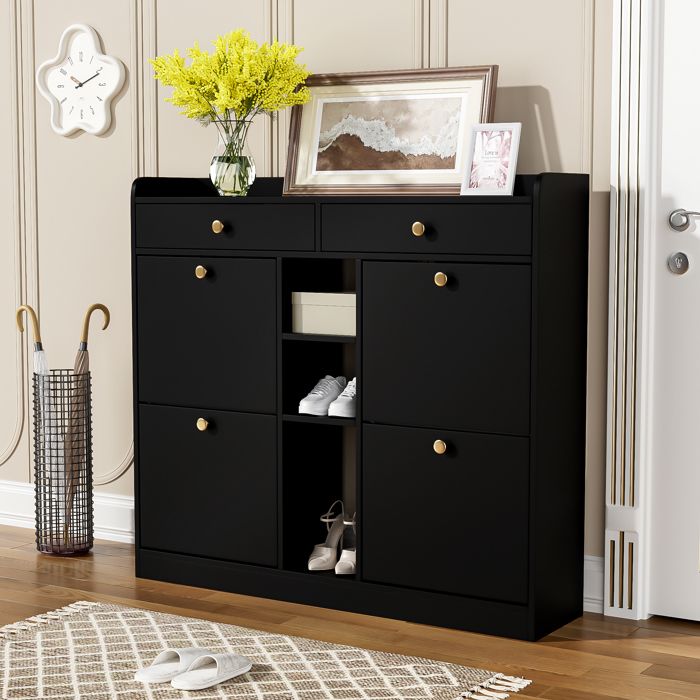 Armoire à chaussures - TRUXEN - Dimensions 110x26x100 cm - 4 portes rabattables - 2 tiroirs - 3 compartiments ouverts
