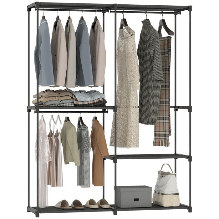 Armoire penderie - HOMCOM - 3 barres de suspension et 4 étagères - tissu non tissé et métal - 142 x 43 x 185 cm - noir