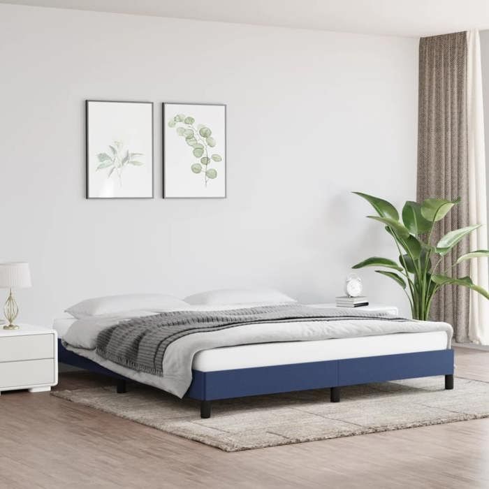 Cadre de lit en tissu - JILL - Bleu - 160x200 cm - Tissu polyester - Contreplaqué - Pieds robustes - 203x163x25 cm