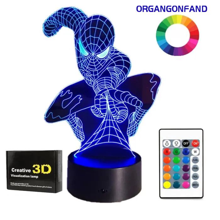 Spiderman Lampe de nuit super héros 3D Lampe LED USB Veilleuse Illusion 16 Couleurs Changeantes avec Télécommande