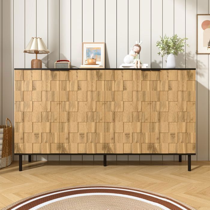 Buffet Bahut Salle à Manger 160cm Finition Bois - Meuble Bas avec 2 Portes Mosaïque et Pieds Métal Rangement Design Salon