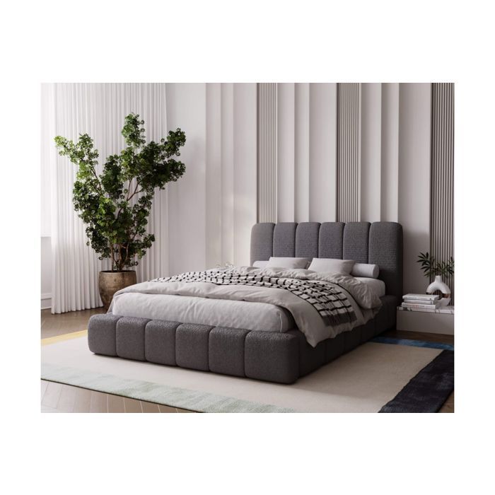Cadre de lit avec coffre TED en tissu bouclette - Gris clair - Dimensions du couchage : 160 x 200 cm