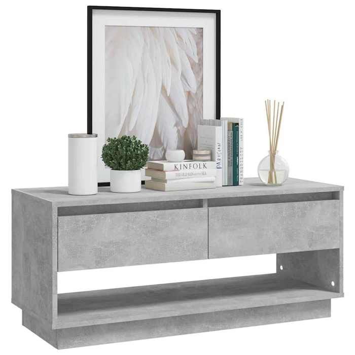 Meuble TV gris béton - MEUBLECHIC - 102x41x44 cm - Bois dingénierie - Gris - 2 tiroirs - 1 compartiment ouvert