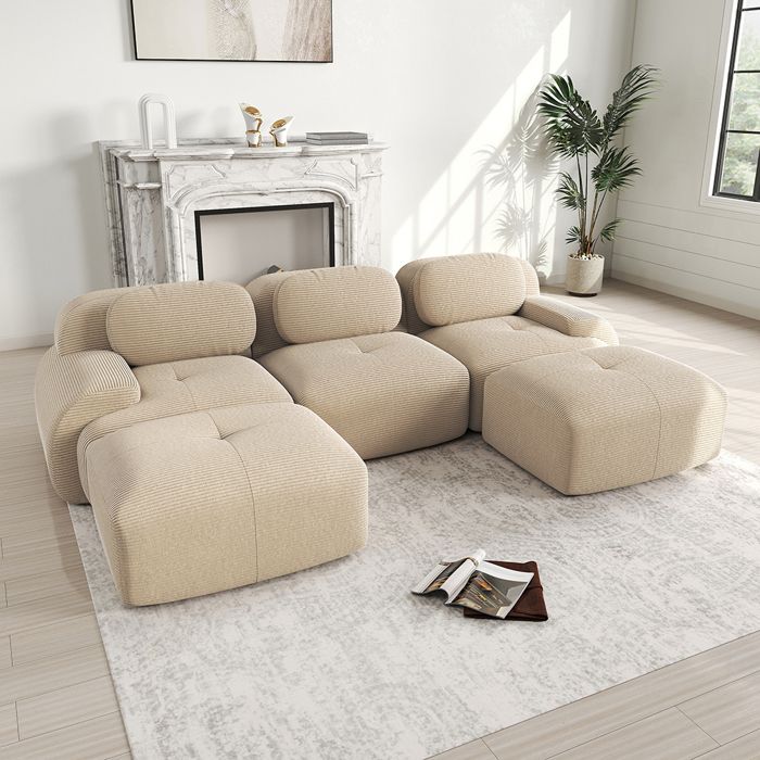 Canapé 3 places dangle en forme de U Canapé modulable en velours côtelé avec 2 ottomans sans assemblage Beige