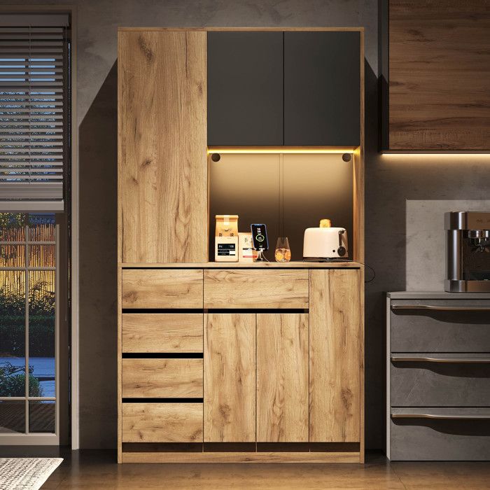 Buffet haute en bois 105 × 40 × 185 cm avec éclairage LED Port USB - C et Prise étagères réglables 6 Tiroirs 5 Portes Noir+Naturel