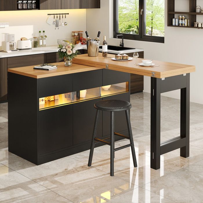Table de bar extensible - avec éclairage LED et fonction de rotation à 360°table Dîlot de cuisine moderne avec rangementnoir