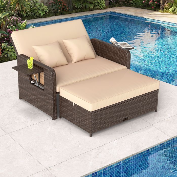 Salon de Jardin en Rotin PE COSTWAY Ottoman de Rangement Dossier Réglable à 4 Niveaux Tables Latérales Pliantes Coussins Beige Salon de Jardin en Rotin PE COSTWAY Ottoman de Rangement Dossier Réglable à 4 Niveaux Tables Latérales Pliantes Coussins Beige