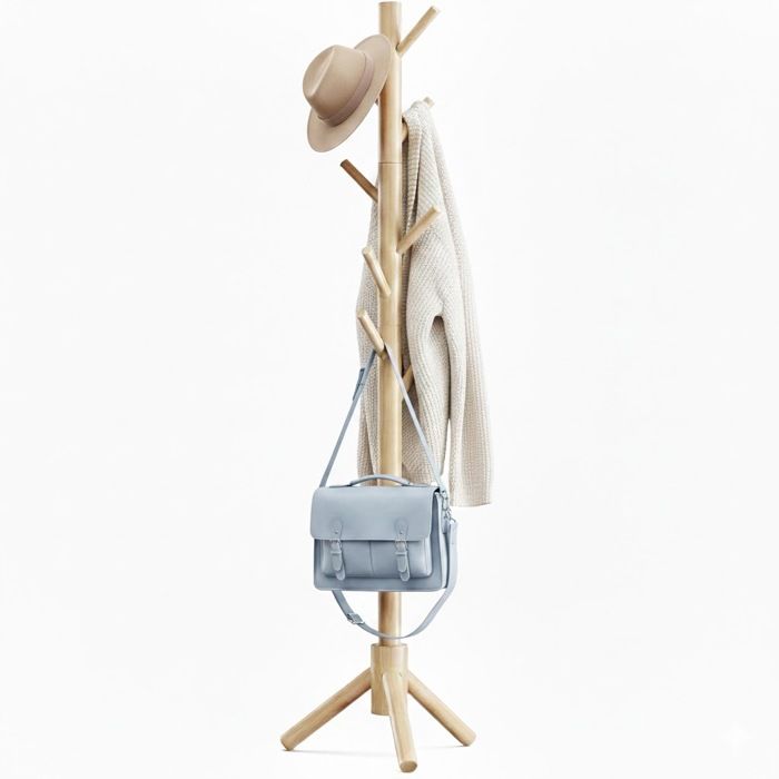 Porte-manteau autoportant robuste naturel 3 sections réglables et 8 crochets portant en bois pour vêtements et chapeaux