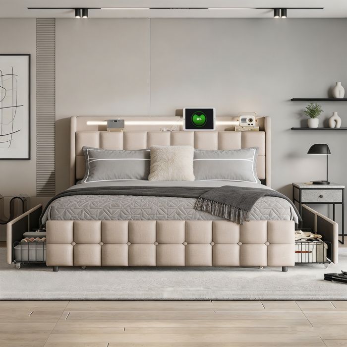 Lit 160x200 cm DAIDAI LED sommier à lattes 4 tiroir cadre de lit double 160x200 tissu en lin beige
