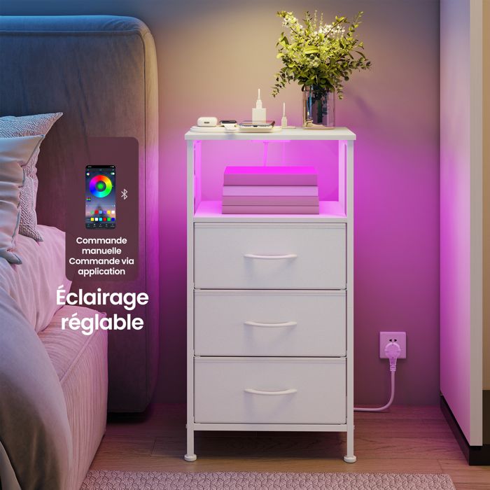 Table de Chevet avec Éclairage LED et Multiprise 3 Tiroirs et 1 Compartiment Ouvert Blanc