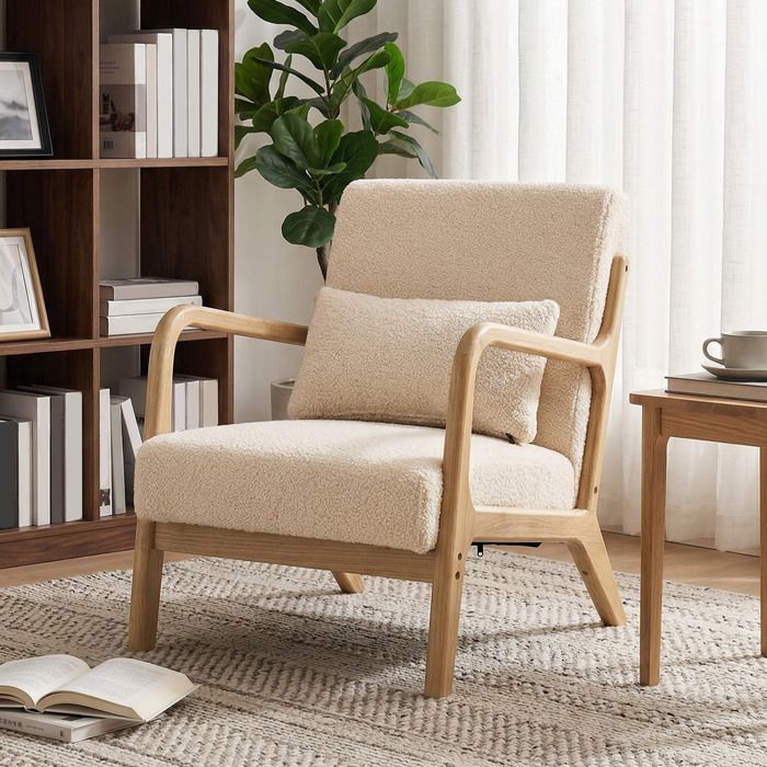 Fauteuil de salon HOMCOM avec cadre en bois massif fauteuil lounge - assise profonde - accoudoirs - aspect velours beige