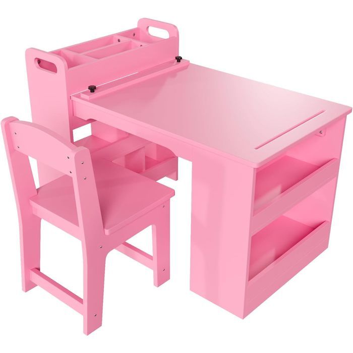Table Et Chaises Enfant 2 en 1 avec Rangement – Bureau dActivités Multi-Usages en Bois pour Dessin Peinture Lecture-ROSE