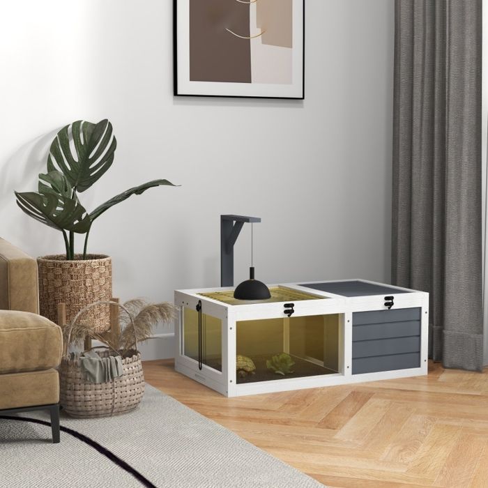 Maison pour tortue terrarium 2 chambres couvercle bac plastique fenêtre bois gris