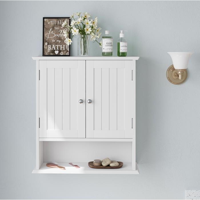 Armoire murale salle de bain 54 6x19 8x59 9 cm à 2 portes avec étagères réglables et niche ouverte MDF blanc
