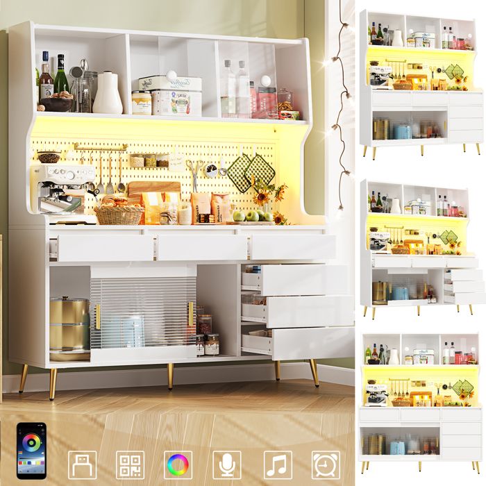 Buffet de cuisine - Armoire haute - Porte coulissante verre ondulé - Panneau métal perforé - LED RGB APP