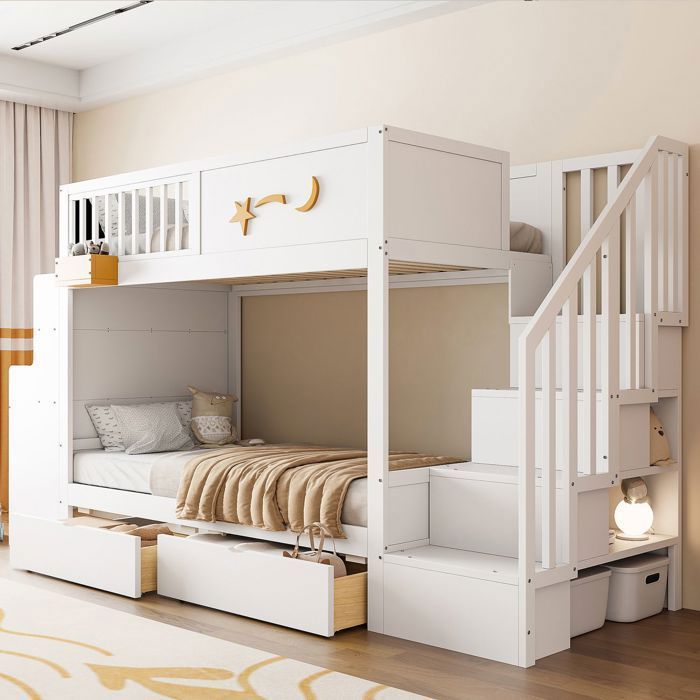 Lit Superposé 90x200cm avec bureau et tiroirs - lit double - escalier de rangement bois blanc massif
