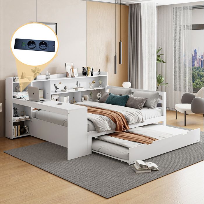Lit combiné 2 places 140×200 cm et 90×190 cm avec bureau bibliothèque USB et lit gigogne sans matelas blanc - UVRION