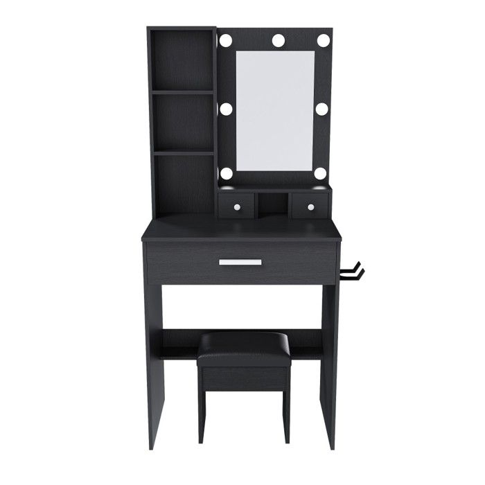 Coiffeuse noire 60x38x131.5cm avec miroir LED réglable prise électrique tiroirs étagère et tabouret rembourré Coiffeuse noire 60x38x131.5cm avec miroir LED réglable prise électrique tiroirs étagère et tabouret rembourré