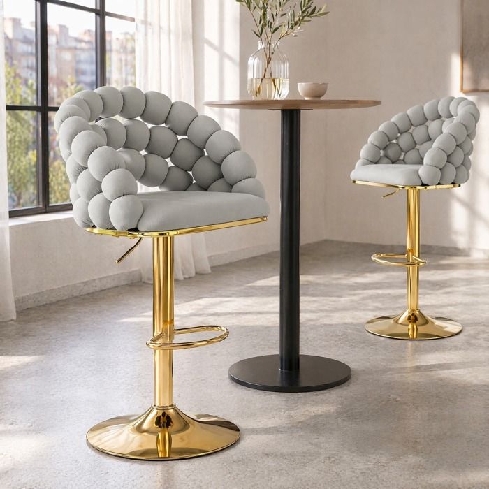MEUBLIV Lot de 2 tabourets de bar réglables en hauteur 65-112 cm velours gris clair et métal doré