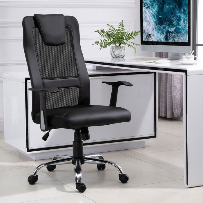 Chaise de bureau ergonomique noire en simili cuir et dossier en maille réglable en hauteur avec accoudoirs et roulettes
