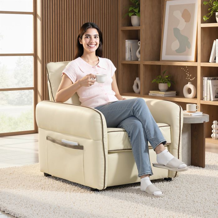 Fauteuil de salon moderne beige en simili cuir avec rembourrage épais et poche latérale