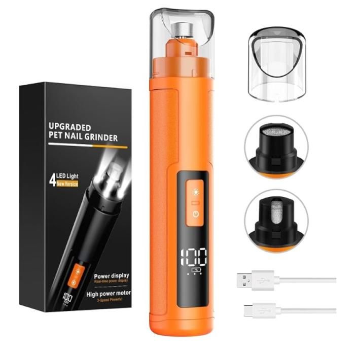 Lime à Ongles Chien 3 Vitesses avec 4 lumières LED pour Animaux Silencieux avec Capuchon Anti-Poussière Coupe-Ongles(Orange)
