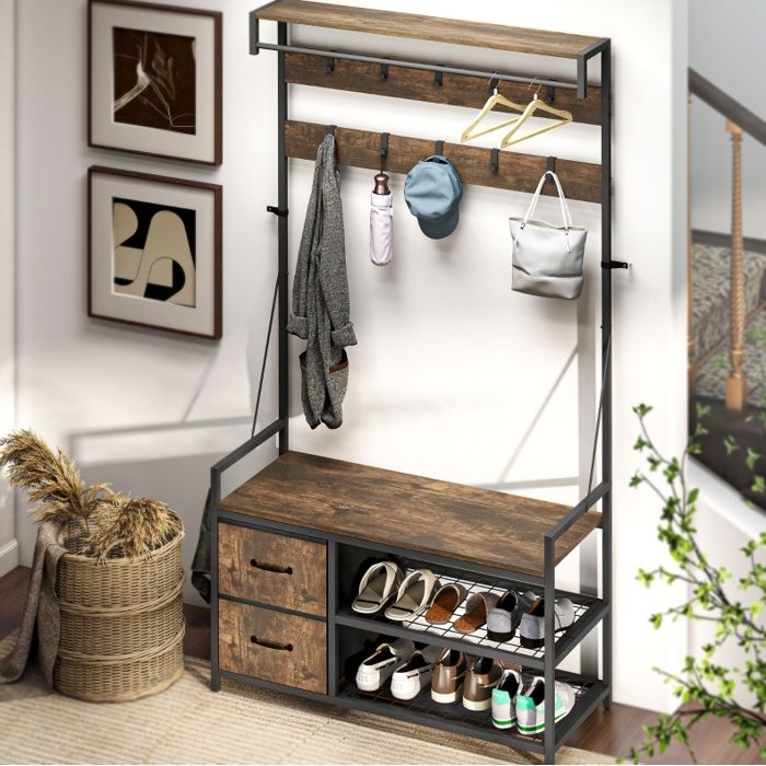 Meuble dentrée 6-en-1 style industriel avec banc range-chaussures 10 crochets et 2 tiroirs en tissu