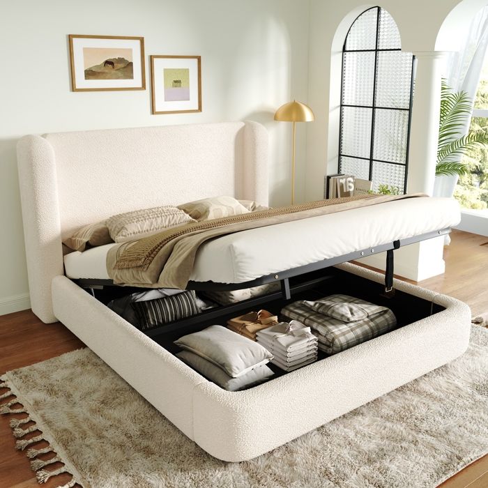 Lit capitonné 180x200cm-lit double hydraulique-avec sommier à lattes-tête de lit rembourrée-grand espace de rangement-beige