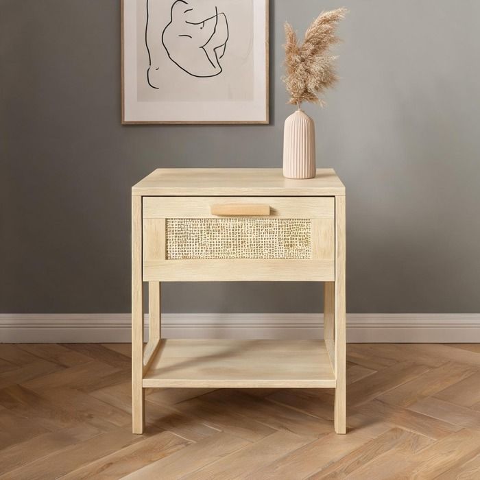 Table de nuit compacte avec tiroir cannage rotin étagère beige neutre 40x40 cm - Beige Bois 40 x 40 x 48 cm Ref OV6V53
